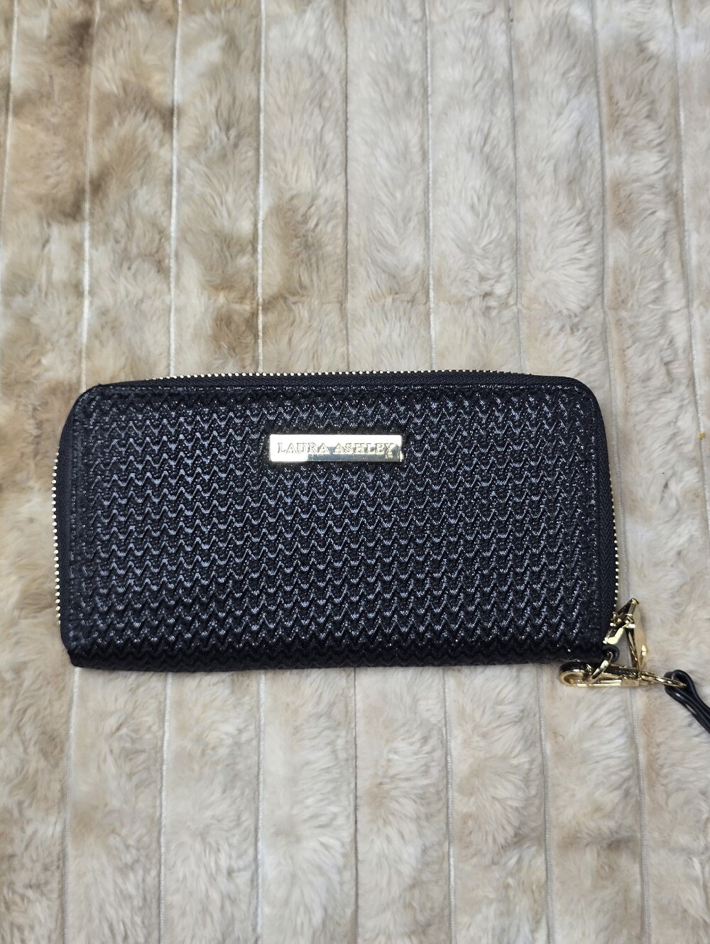 Laura Ashley Black Woven Zip Wristlet Clutch with Gold Accents